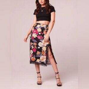 Band Of The Free Lilou Black Floral Lace Slip Pull on Midi Skirt Womens Sml NWT